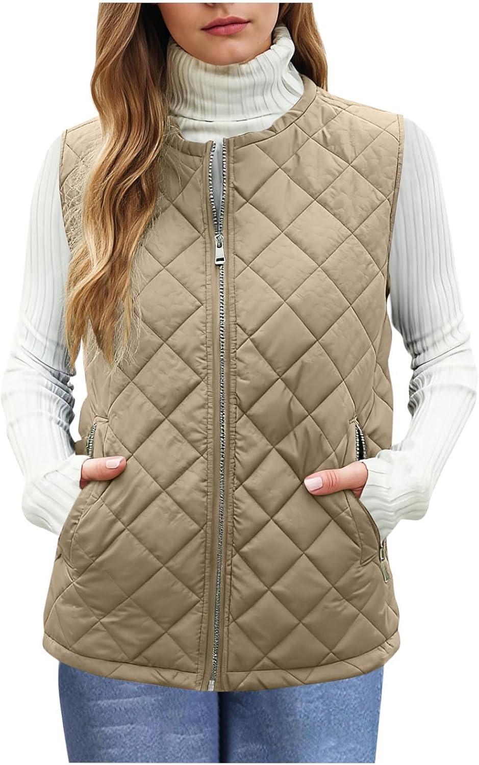 Oplxuo Women's Quilted Vest, Collarless Lightweight Zip Padded Gilet Jacket Waistcoat Puffer Vest with Zipper Pockets