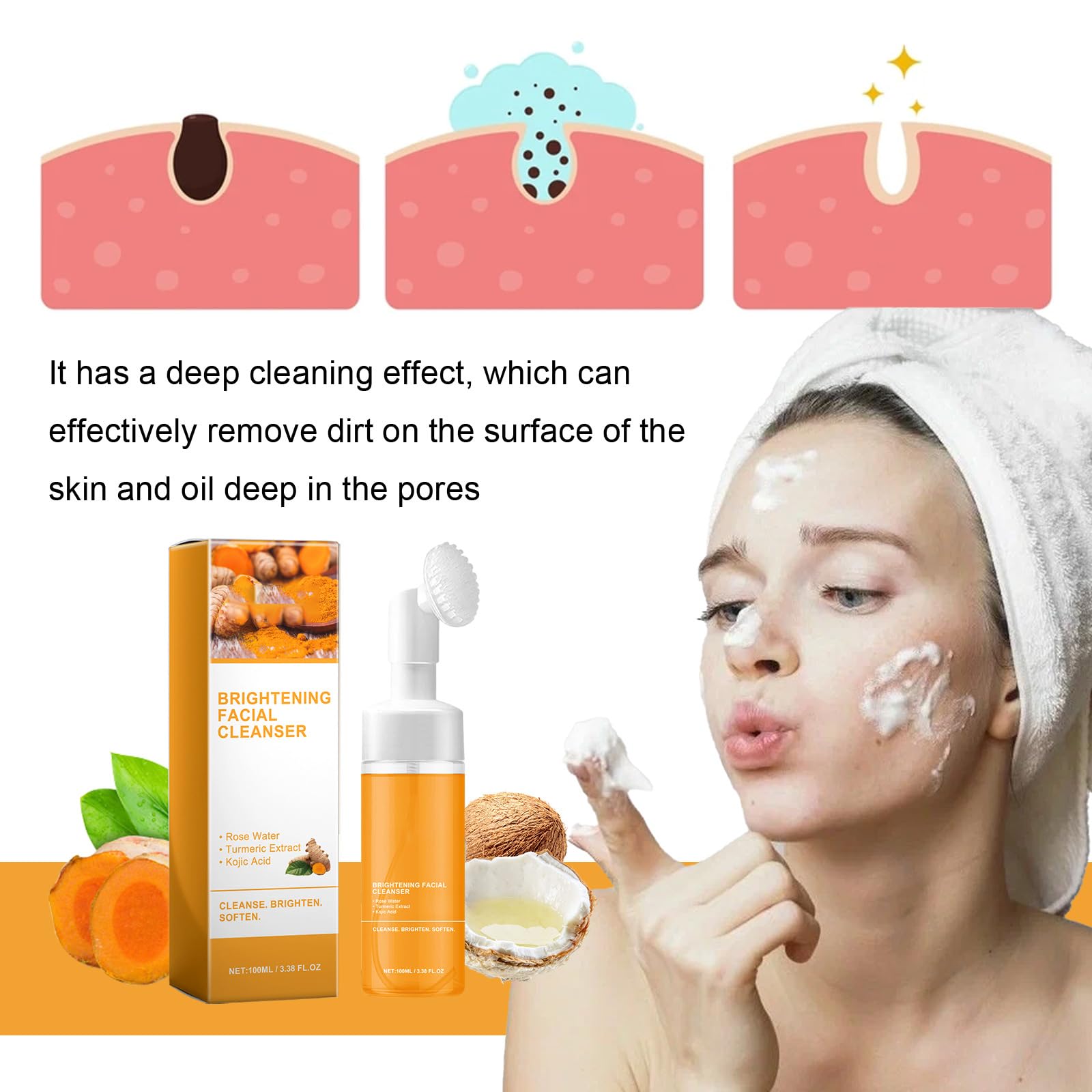 Pianka oczyszczająca z kurkumy ze szczotką, nawilżający środek do mycia twarzy z kurkumą, delikatny peeling, równoważy nawilżenie i sebum, pianka oczyszczająca blask. (6)