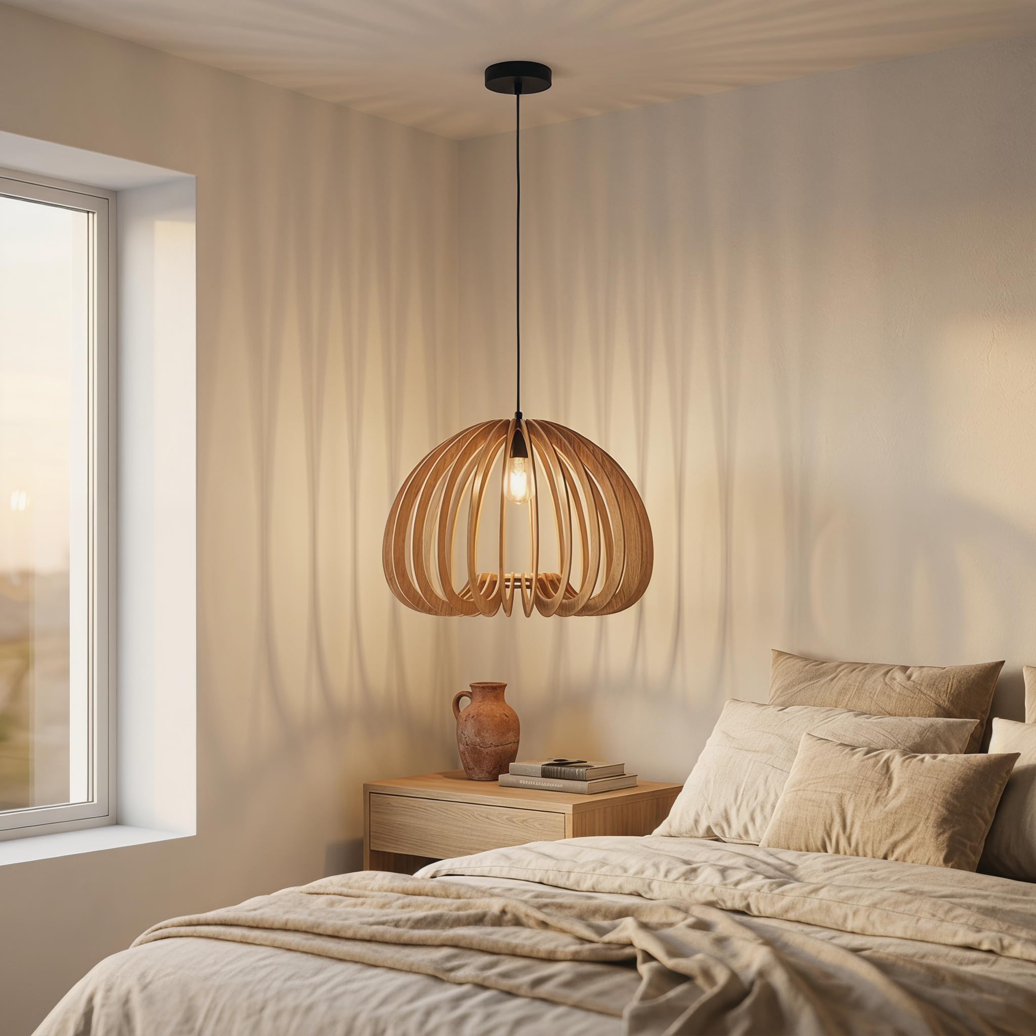 Barcelona LED Lámpara Colgante de Madera MARGE Ø45cm E27 – Diseño Nórdico Natural MDF, Altura Regulable, Luz Ambiental para Salón, Comedor y Dormitorio