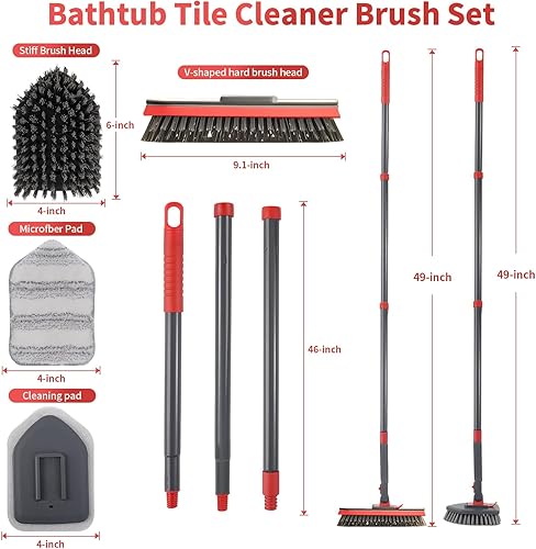 Miniatura 2 de Cepillo limpiador de azulejos para tina, sin rayones, con 4 cabezales de limpieza de diferentes funciones y mango de 51 pulgadas de largo, limpiador