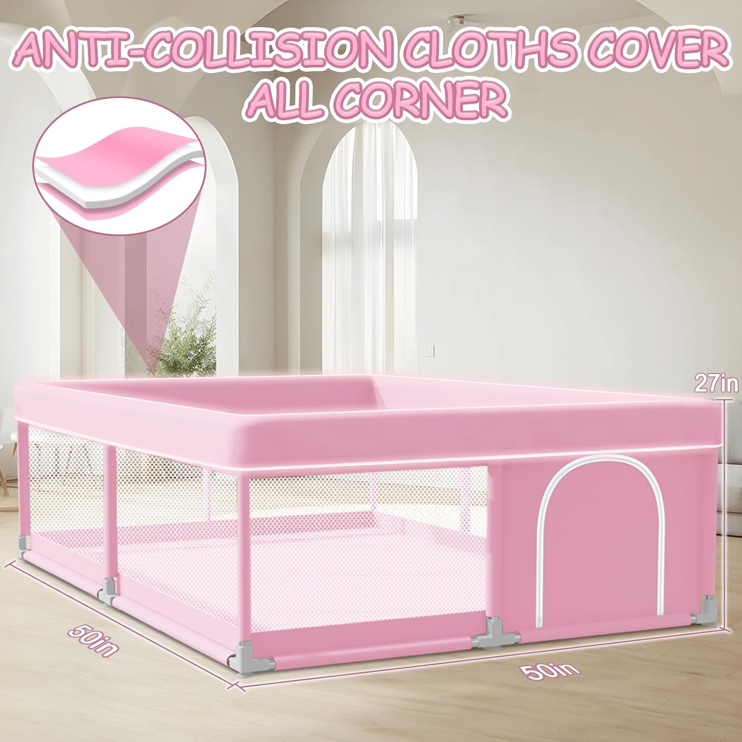 Baby Playpen 50 x 50 Inch Play Pen Playards, Playpen for Babies and Toddlers, Baby Playard for Indoor & Outdoor Active Center Game Fence, with Skin-Friendly Fabric and Soft Breathable Mesh Pink Pink 50 × 50 Inch