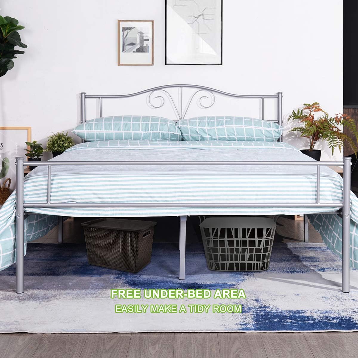 Heavy Duty Metal Queen Size Bed Frame Steel Mattress Foundation Silver Coated Retro Headboard Single Bed, No Box Spring Needed Storage Needed