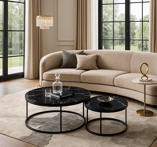 Modern Nesting Coffee Tables Set of 2, Round Black Glass Top, Metal Frame, Living Room Furniture