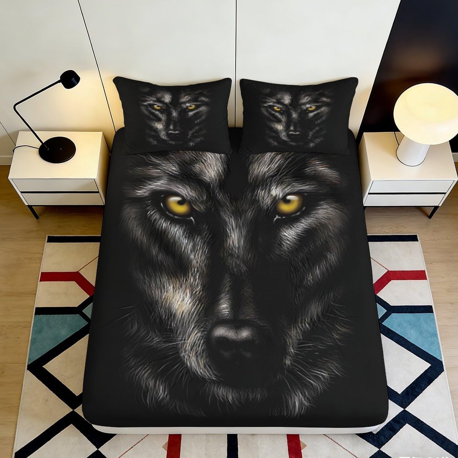 3D Printed Wolf Pattern Fitted Sheet Microfiber Non-Slip Deep Pocket Wolf Mattress Fitted Cover for Bedroom 200x200x25cm 90x200x25cm