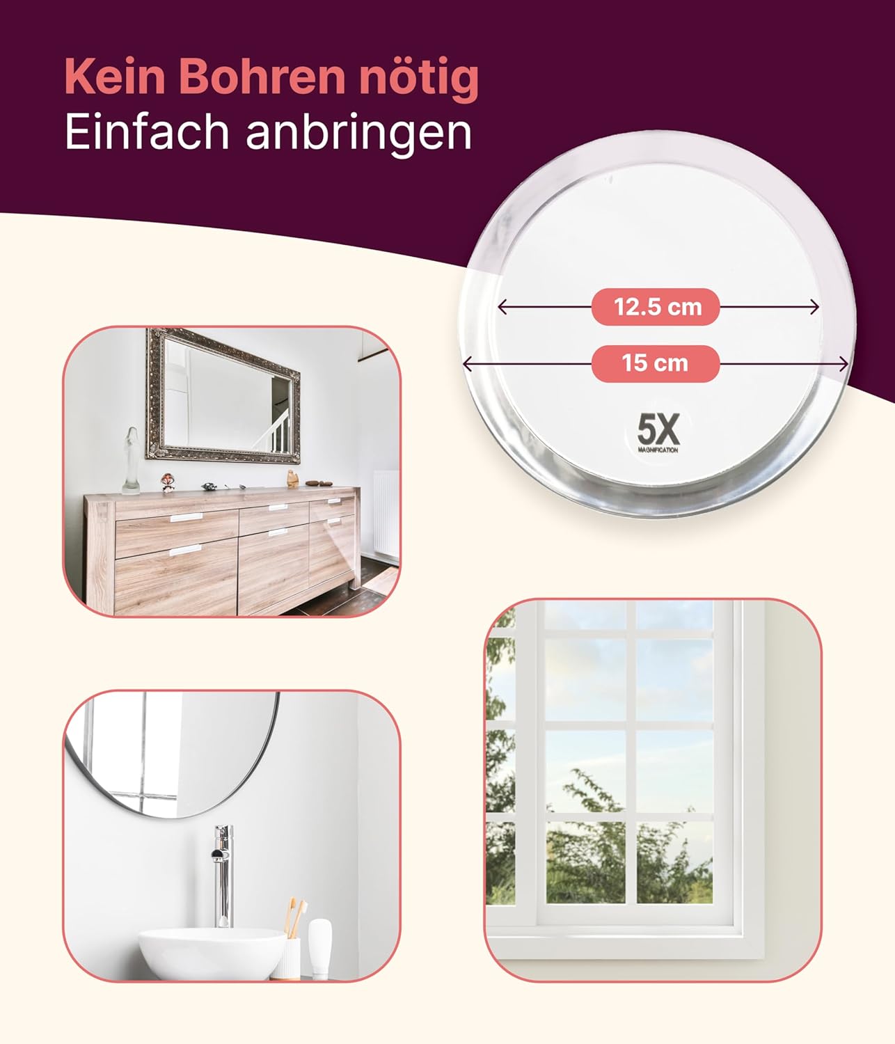 Fantasia 5X Cosmetic Magnifying, Portable Travel Make Acrylic Frame and Suction Cups, Round Makeup Mirror with x7 Zoom for Shaving, Tweezing, Hairdressing, Etc, White, Ø 15cm