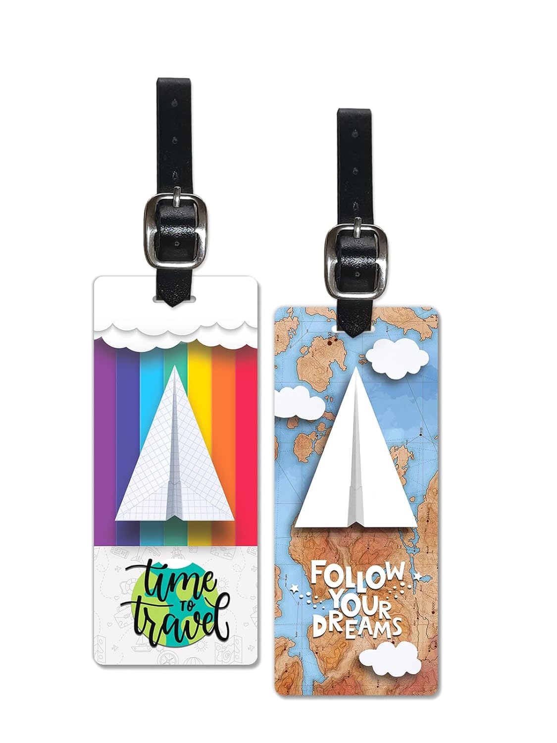 3D Lenticular Luggage Tag Long Set of 2 | Paper Plane + Time to Travel | Luggage/Bag/Travel ID Label Tags for Suitcase & School Bags