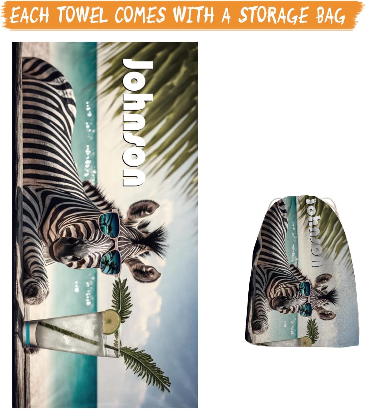 Personalized Beach Towel with Bag - Custom Name with Animal Selfies Design - Oversized Soft Absorbent Microfiber Bath Pool Towels for Baby Kids Adults Boys Girls Gifts Color24-Zebra