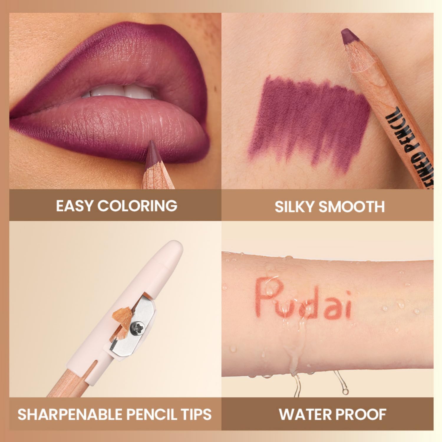 MOONGAZE 6-farbiges samtmattes Lippenkonturen-Set mit 2 Spitzern, hochpigmentierte, wasserfeste Cremestifte zum Definieren und Füllen, langanhaltende, nicht verschmierende, natürliche Rosenrottöne