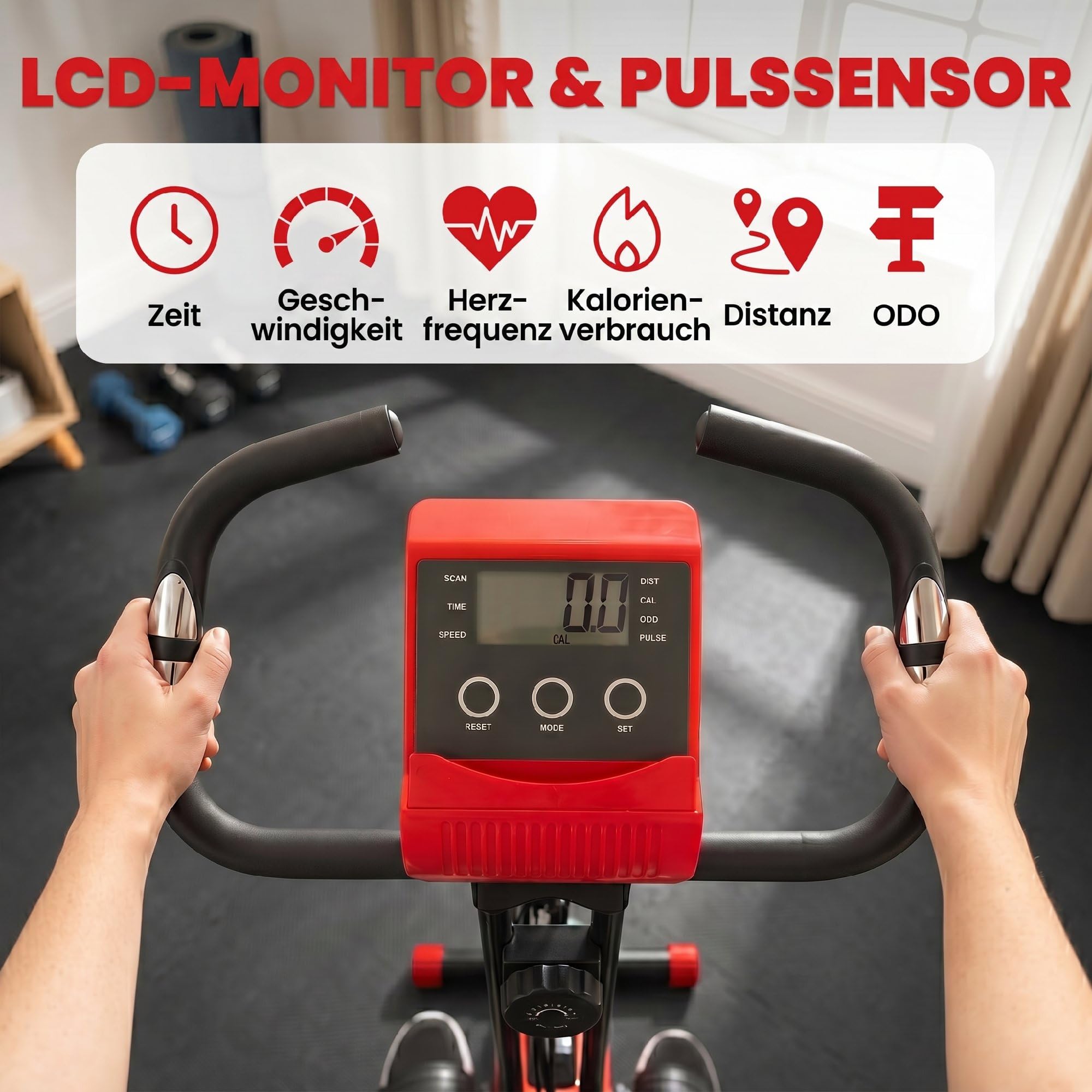 HOMCOM Heimtrainer 2-in-1 Fahrradtrainer mit LCD-Display Pulsmesser verstellbar Sitz Räder, klappbarer Hometrainer Trimmrad mit 8 stufig Magnetwiderstand, Spannseil, Stahl