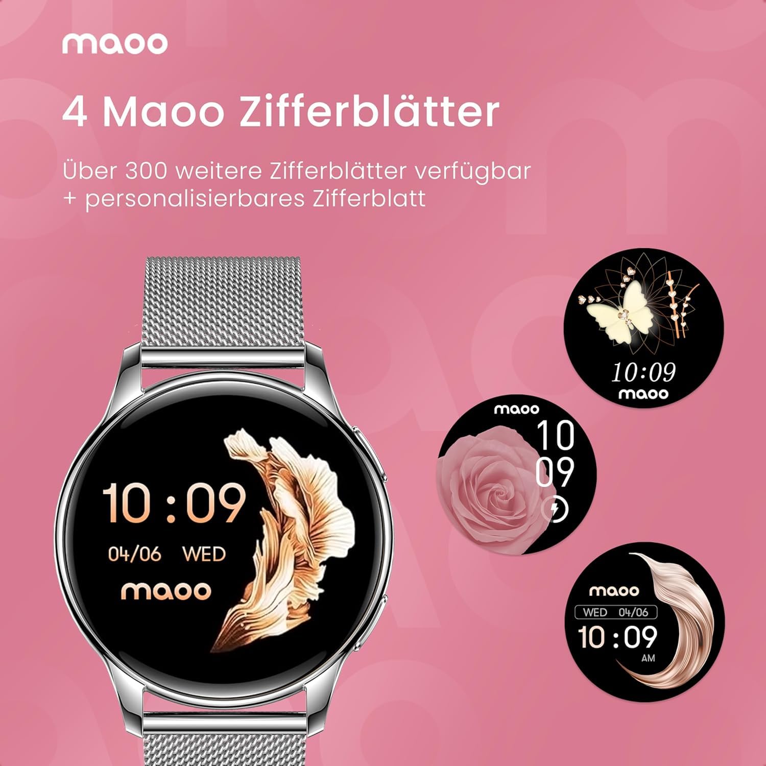 Maoo Ventura Smartwatch Damen 1,32 Zoll AMOLED Display Herzfrequenzmesser SPO₂ Blutdruckmesser IP67 wasserdicht 5 Armbänder Silber