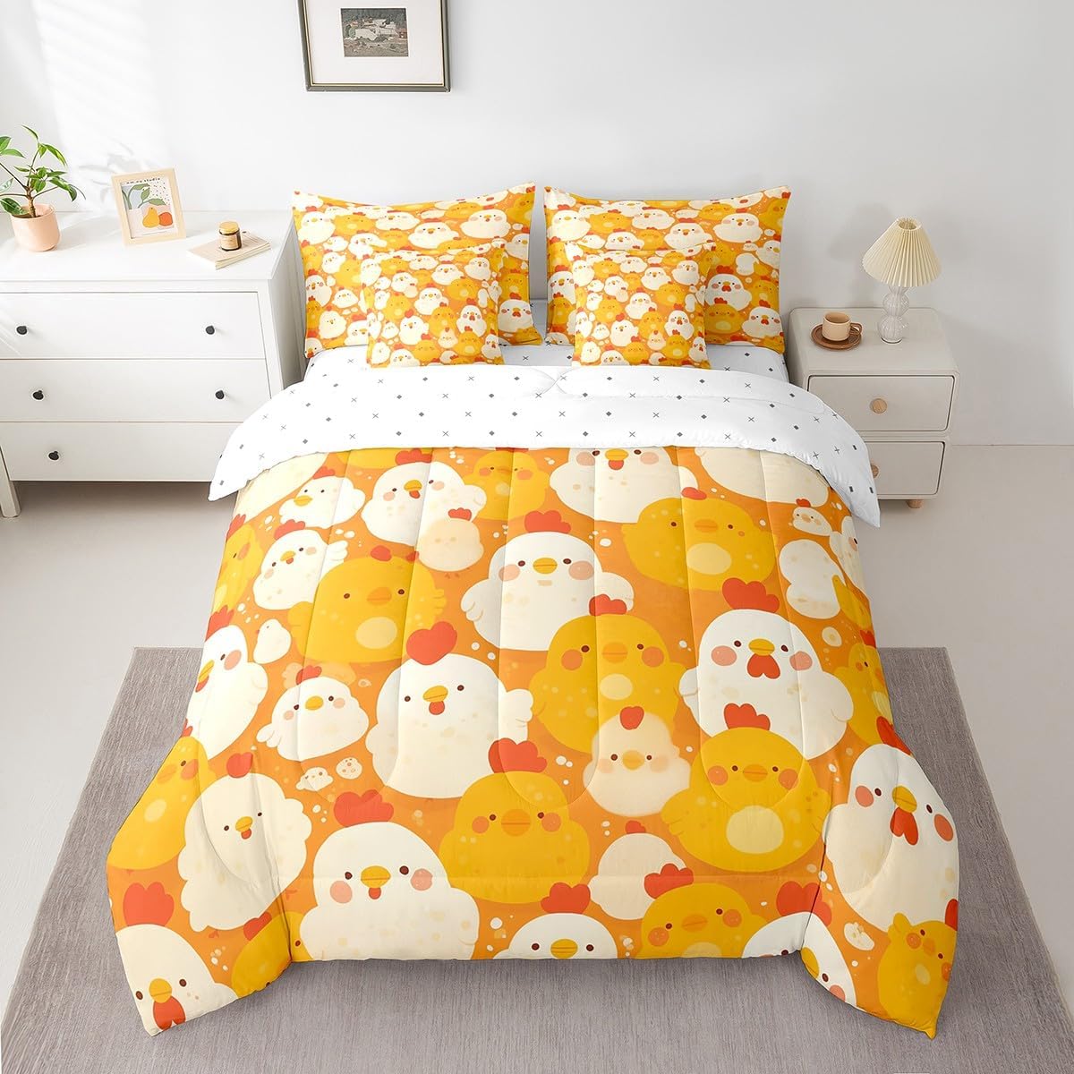 Kids Cartoon Chick Comforter Set Yellow Chicken Bedding Sets King For Toddler Nursery Cute Farm Animal Pattern Comforter + Flat Sheet + Fitted Sheet + 2 Pillowcases + 2 Throw Pillow Covers