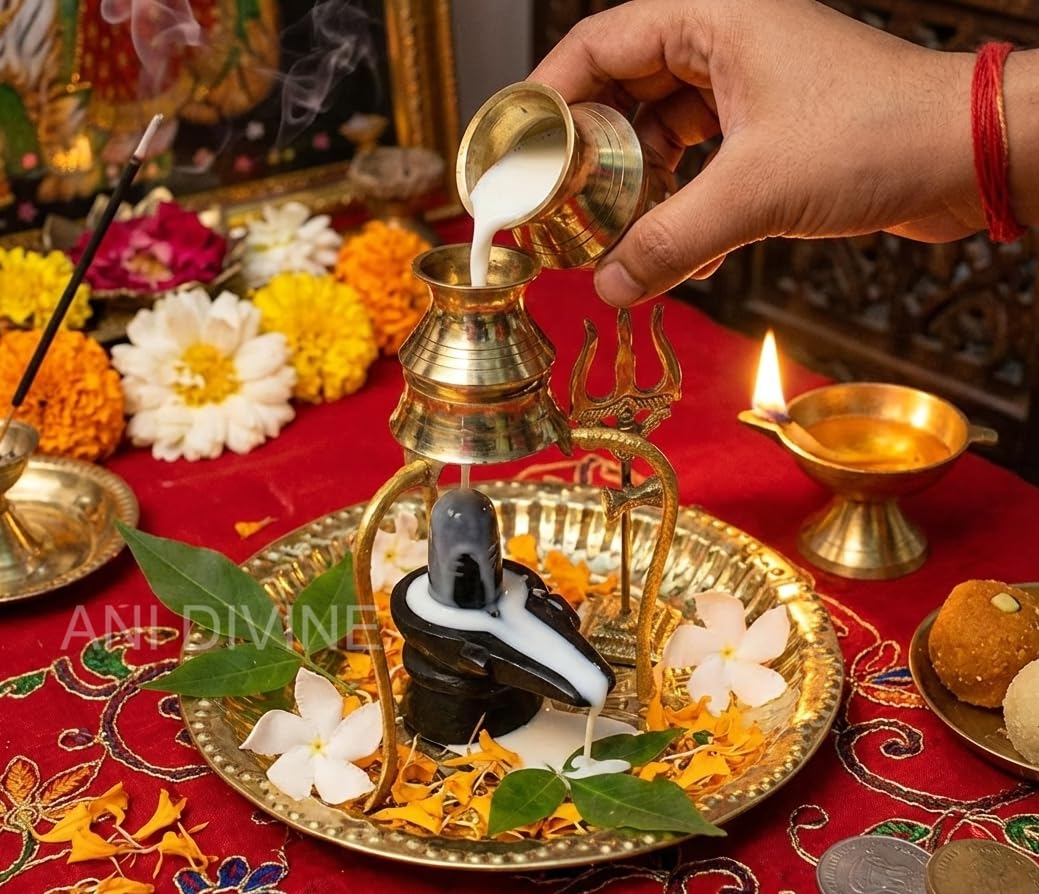 SriMaa Ventures Handcrafted Black Marble Shivling with Om Brass Plate, Trishul & Lota Jaladhari Set for Shiv Puja, Rudraabhishek, Home Mandir-image-28