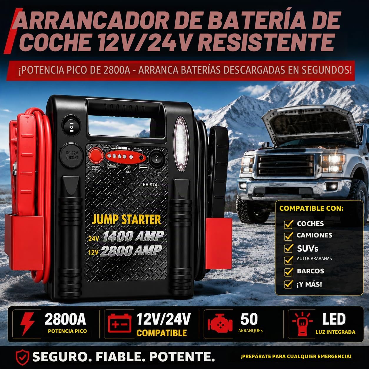 Arrancador de Batería 12V/24V 2800A/1400A, Booster de Batería de 20Ah con Batería de Plomo-Ácido, Arrancador Portátil con USB y Luz de Emergencia para Coche, Camión, SUV, Autocaravana y Barco