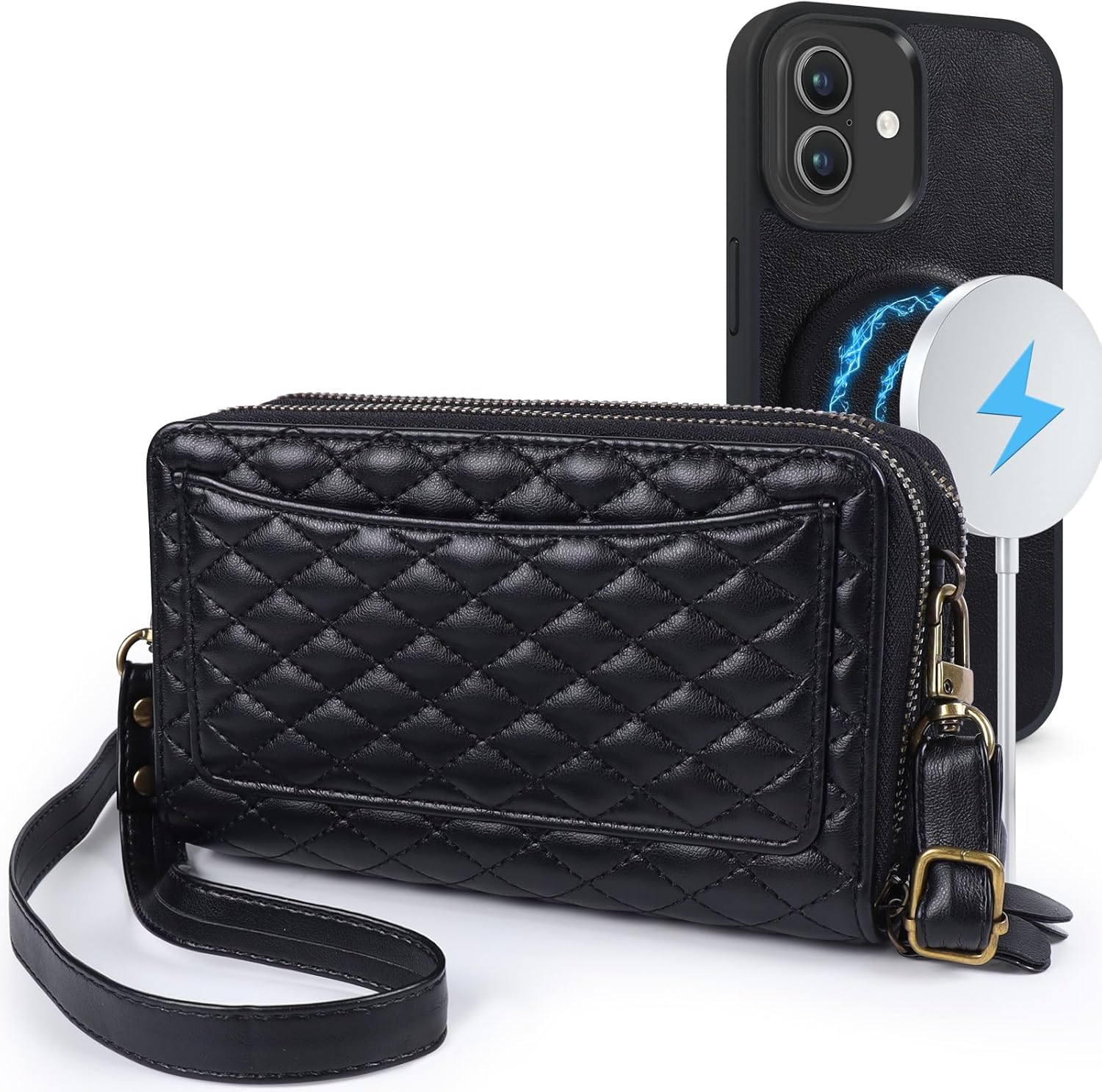 Harryshell Compatible with iPhone 17 Case Wallet Multi Zipper Detachable Removable Cover Purse with RFID Blocking Card Slots Holder Mirror Crossbody Strap (Compatible with Magsafe - Black)
