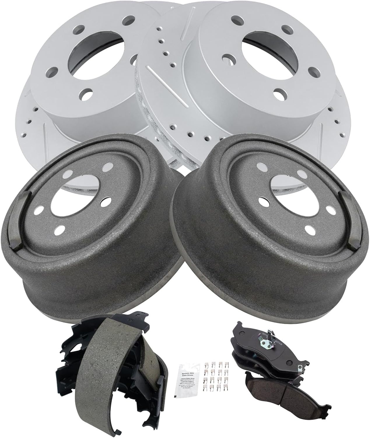 TRQ Front & Rear Brake Pad & Rotor Kit Premium G-Coated Ceramic Performance Slotted X Drilled Compatible with 1999-2001 Jeep Cherokee 1999-2000 Wrangler