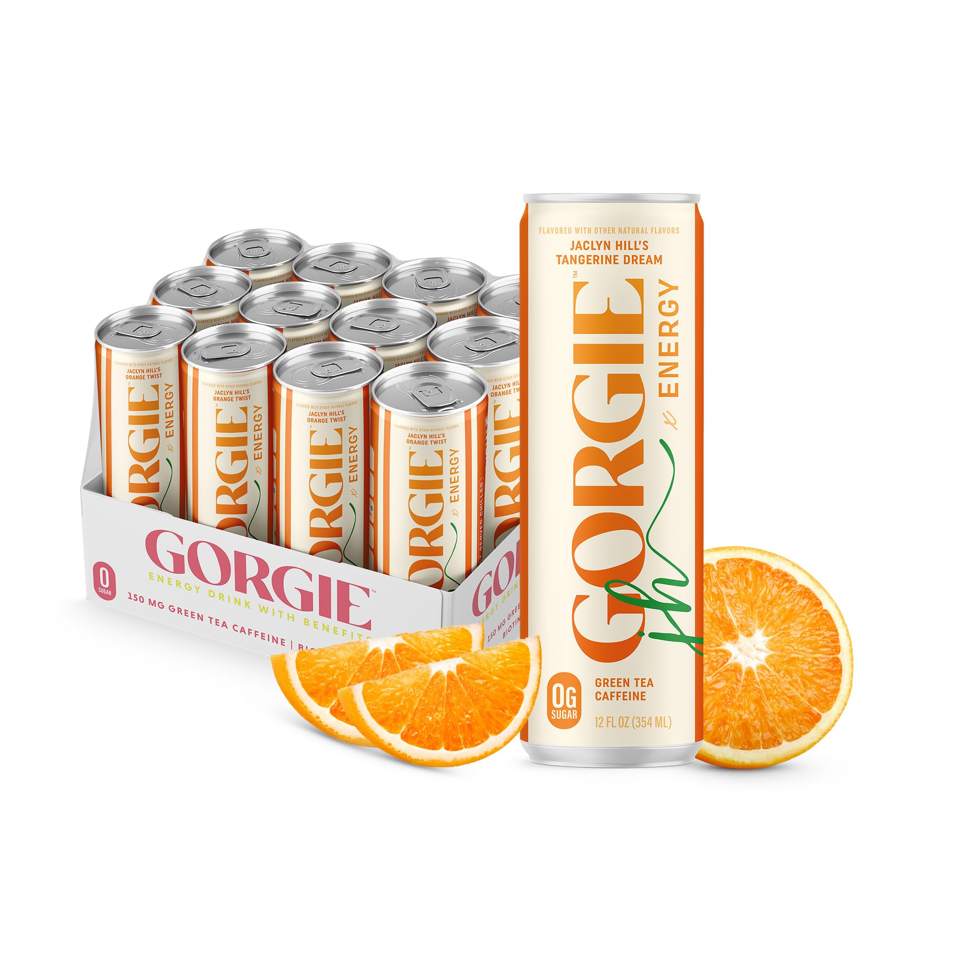 GORGIE Sugar Free Natural Energy Drinks, Jaclyn Hill Orange Twist (12 Pack) Healthy Sparkling Energy Drinks Natural Coffee Replacement with Green Tea Caffeine and Biotin, Vegan, Low Calorie