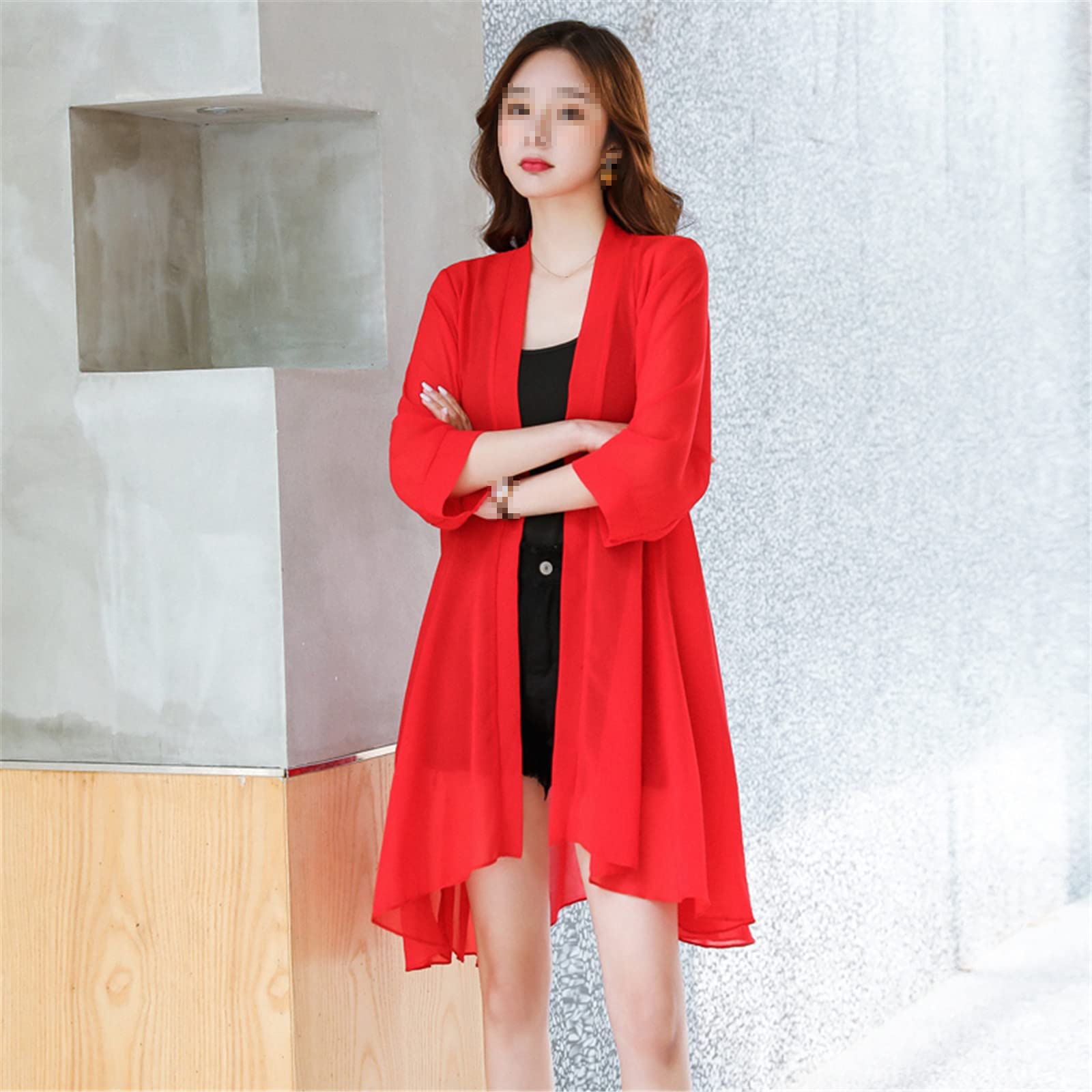 Frauen Chiffon Sonnenschutz Lange Jacke Cardigan Kimono Mantel Sommer Asymmetrisch Strand Dünnes Shirt, Farbe 1, 46