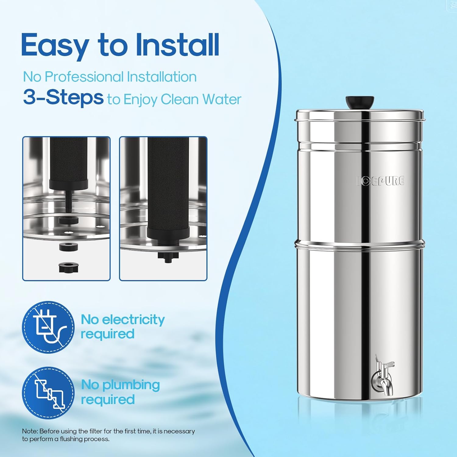 ICEPURE 2.25G Gravity-fed Water Filter System, 304 Stainless Steel Countertop System with Metal Faucet, 2 Black Carbon Filters, Reduce 99% Chlorine, Lead for Home, Camping, Travel, Emergencies