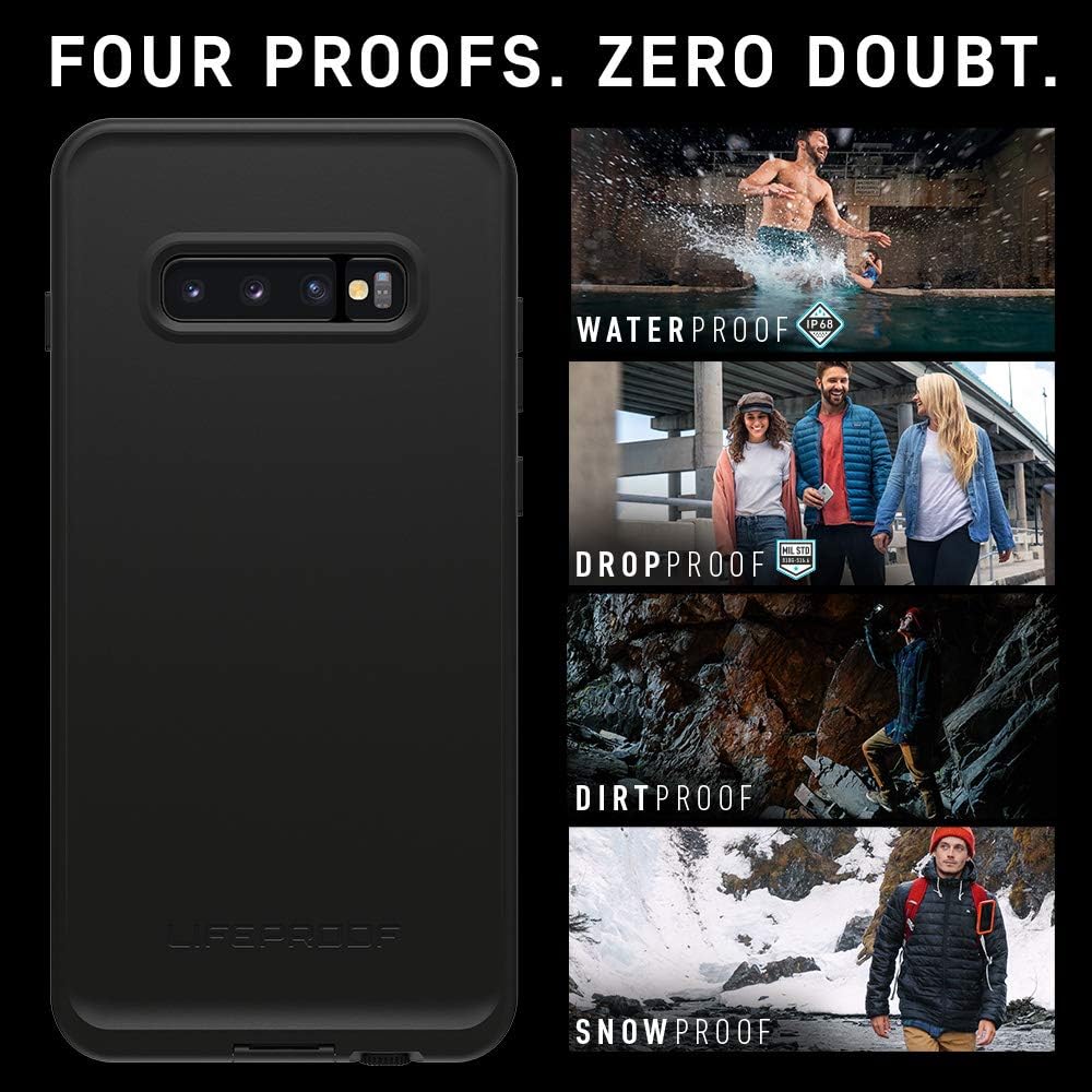 LifeProof FRĒ Series case showcasing four types of protection: waterproof, dropproof, dirtproof, and snowproof.