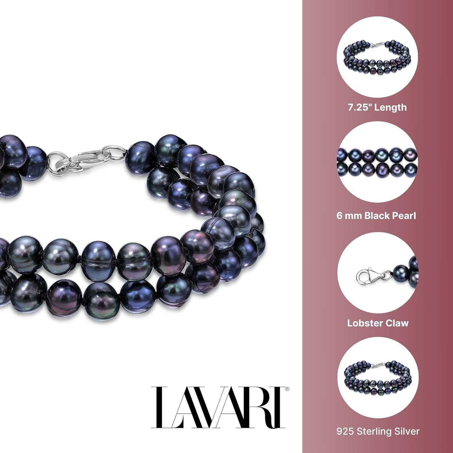 Lavari Jewelers Black Pearl One Two or Three Row Bracelet for Women in 925 Sterling Silver I 7.25 Inch with Lobster Claw Clasps I 7 mm to 21 mm Wide Round Pearl Bracelet