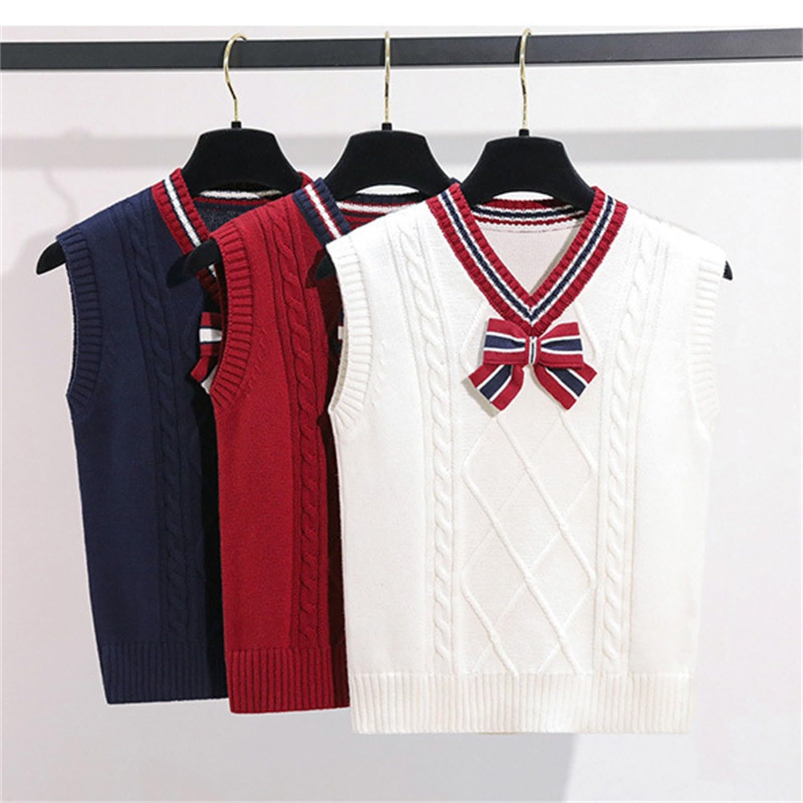 Gilet lavorato a maglia con papillon con scollo a V, canotta lavorata a maglia, per uniforme scolastica per bambini, maglioncino in pile per ragazze adolescenti, rosa, 7-8 Anni