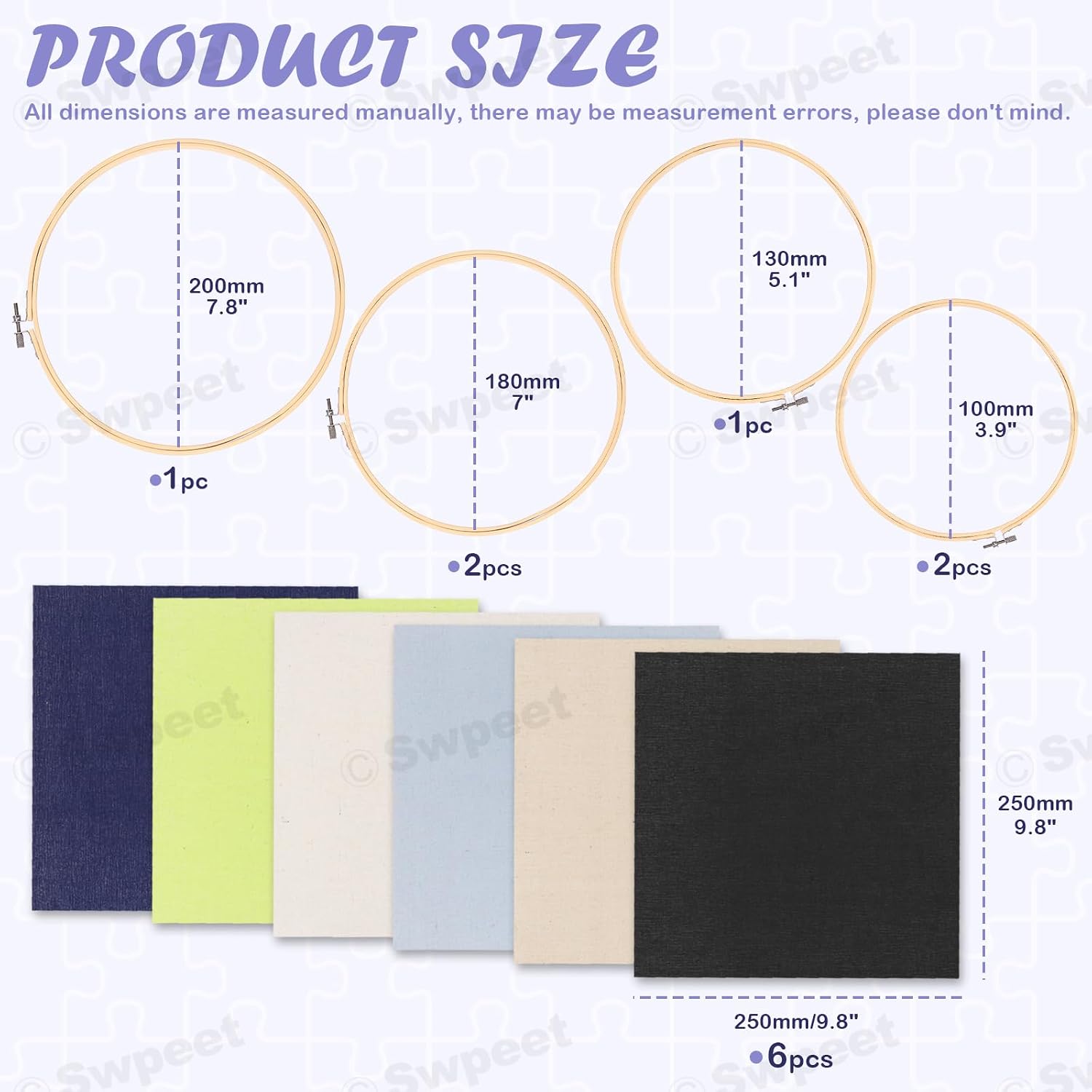 Swpeet 21Pcs 10 x 10 Inch Linen Needlework Fabric with Water-Soluble Pens, Needles, Threader, Embroidery Hoop and Embroidery Floss for Embroidery Projects and Upholstery Decoration