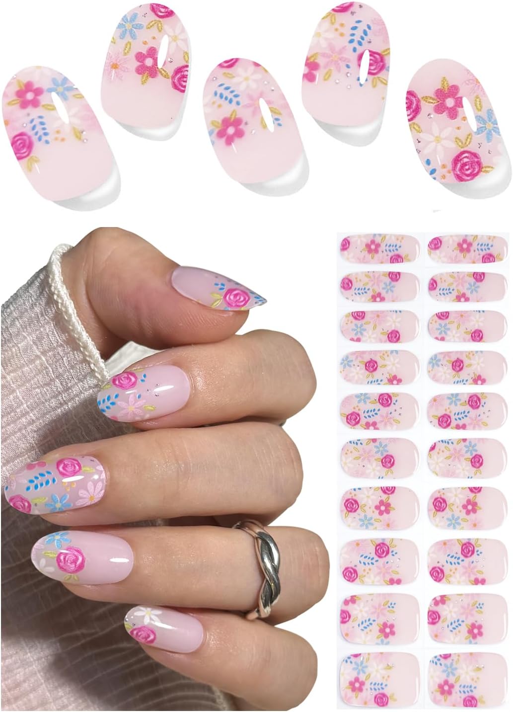 UV Gel Nail Stickers, Pink Chrome Flower 20pcs Semi Cured Gel Nail Strips, Wraps for Home Manicure DIY