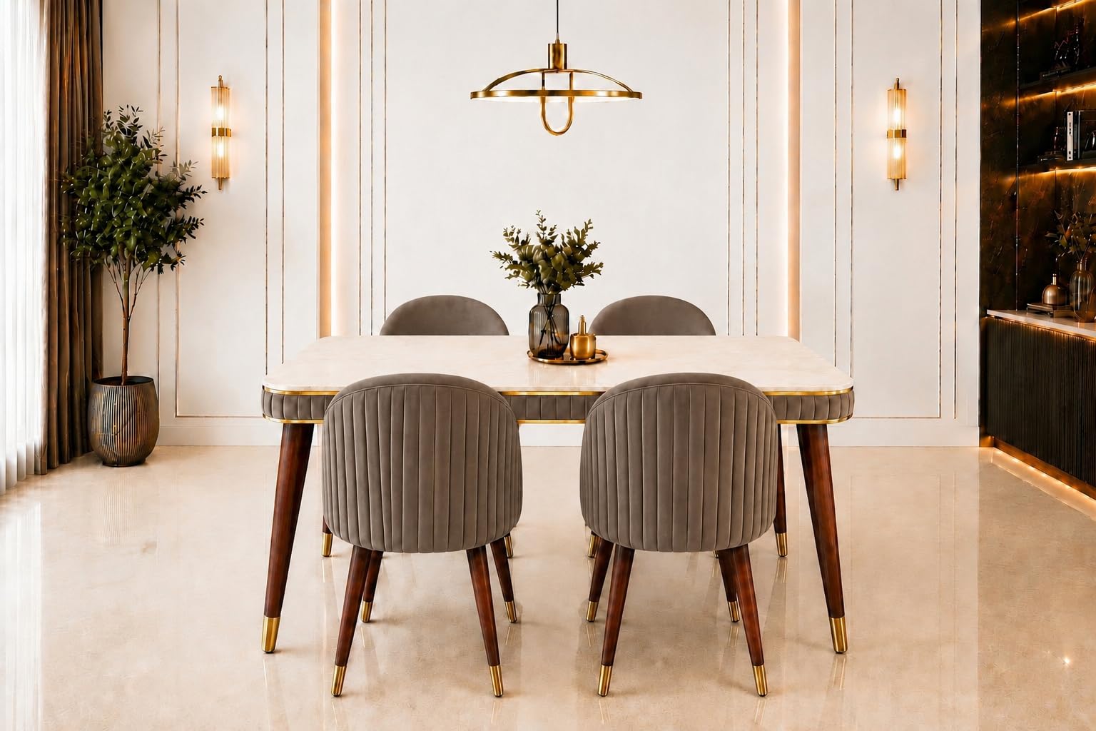 WOODEN SPACE Majestic 4 Seater Wooden Dining Table Set | Urban Marble Top Dining Table with Chairs for Dining Room & Kitchen (Brown Majestic Classic Backline)