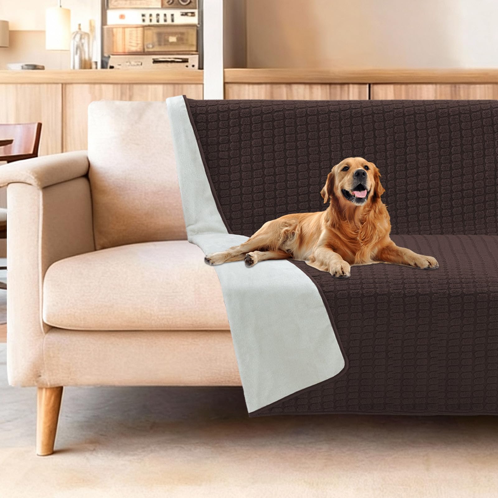 H.Versailtex Waterproof Dog Blanket -Washable Pet Blanket for Large Dogs, Reversible Pet Throw Protects Bed and Sofa with Soft Plush, 152x203cm, Brown