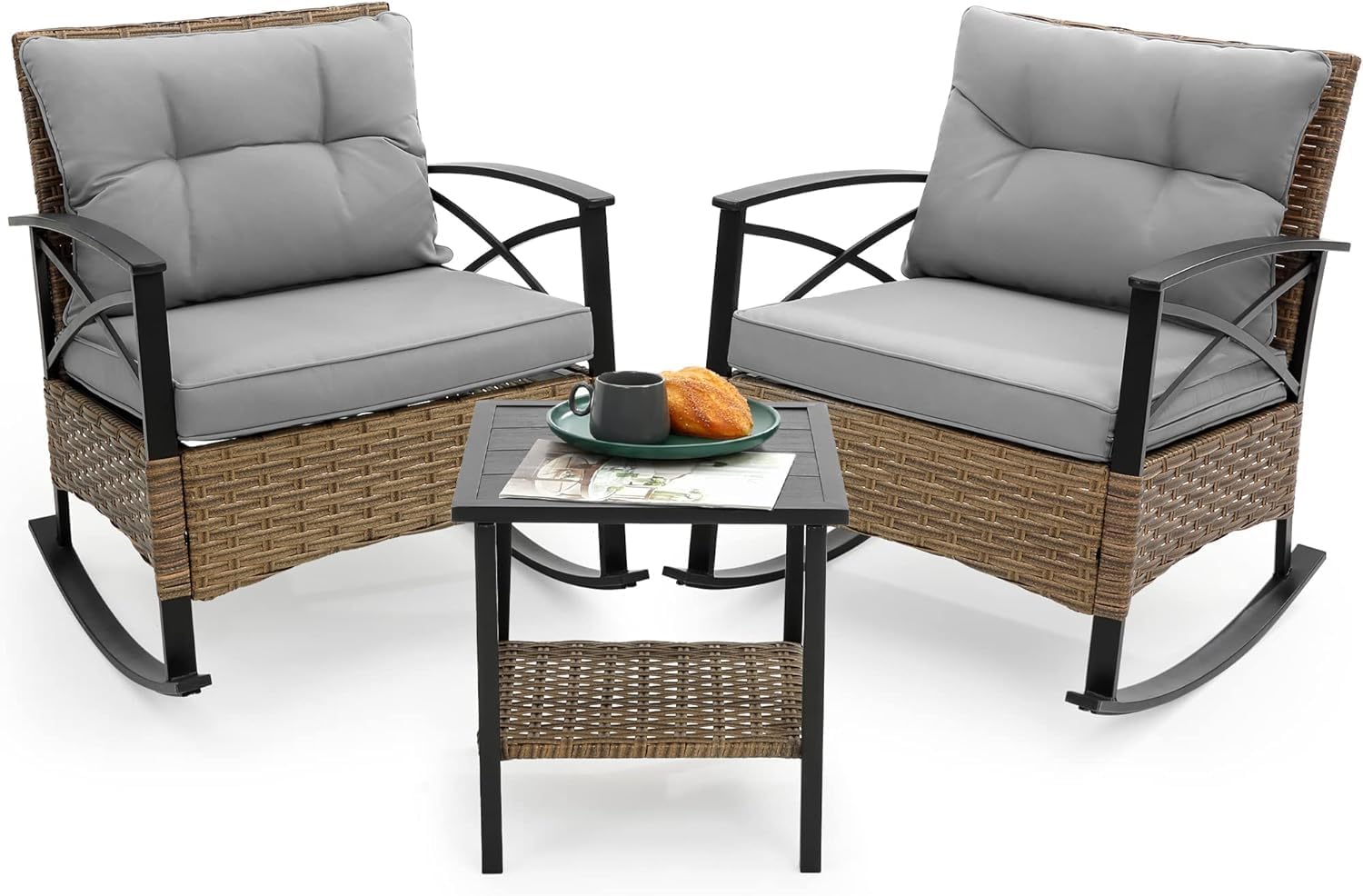 Outdoor Rocking Chairs Set - 3 Pieces Grey Patio Bistro Set Outside Furniture 2 Wicker Rocker Chairs with Grey Cushions and Table for Porch Lawn