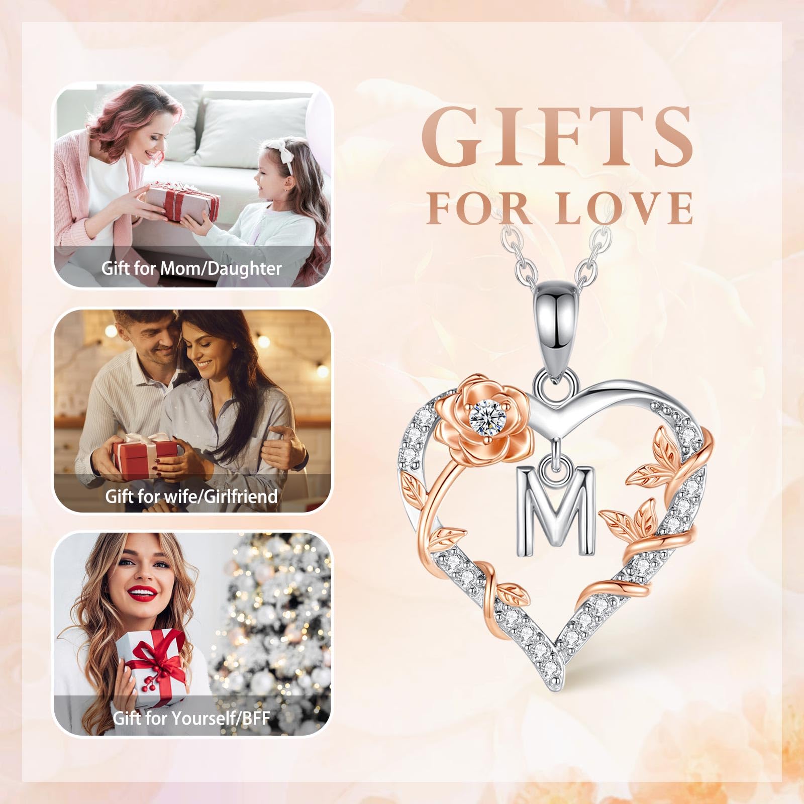 EUDORA Harmony Ball Collana con iniziali a Cuore Rosa per Donne, Lettera dalla A alla Z Collane con Iniziali dell'Alfabeto in Rame Placcato in Rodio Iniziali con Ciondolo Regali di Gioielli, 18"