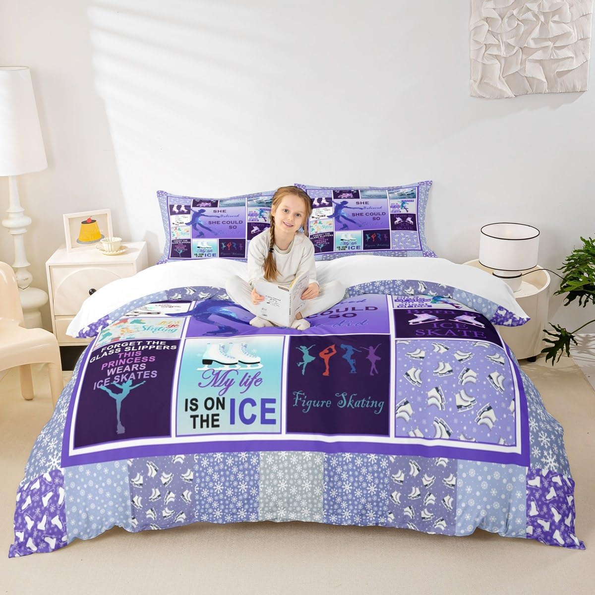 Ice Skating Bedding Set Twin Size Geometric Patchwork Plaid Duvet Cover Speed Sports Skater Comforter Cover 2pcs for Kids Girls Women Boys Room Decor Purple Watercolor Quilt Cover,1 Pillowcase