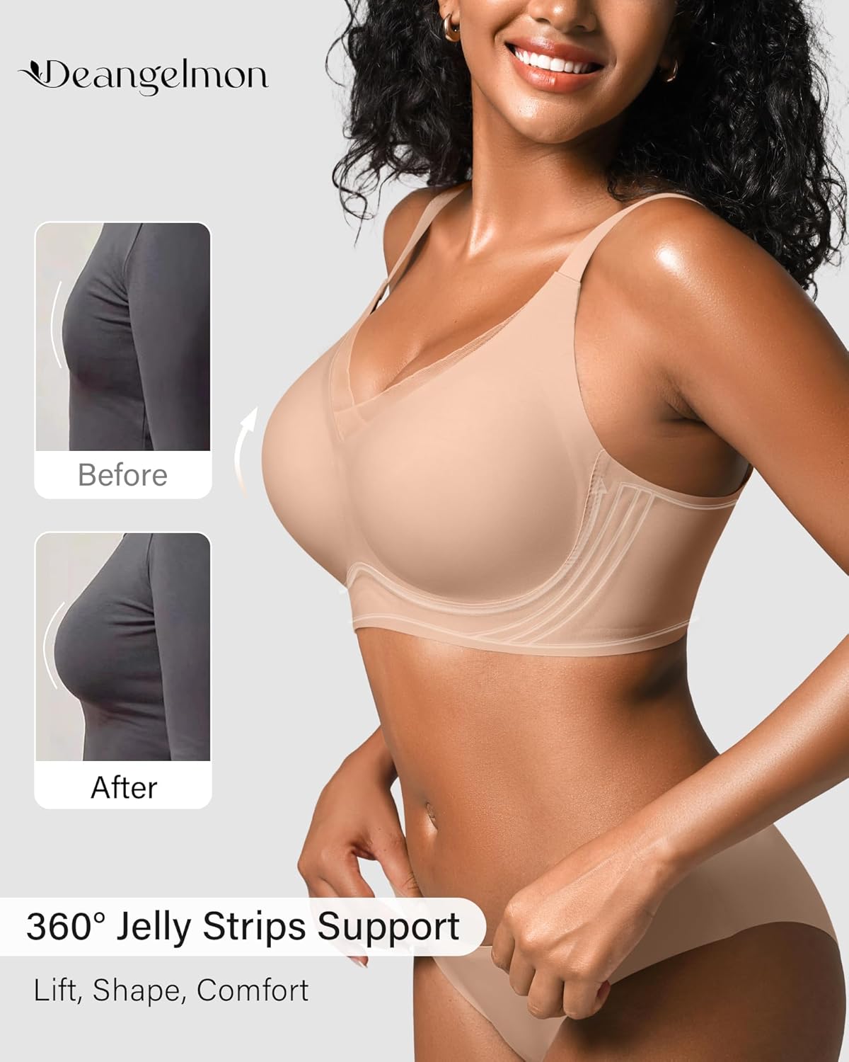 DEANGELMON Scalloped V Neck Wireless Bras for Women Seamless No Underwire Full Coverage Push Up Bras Soft Comfort Bralettes - Image 2