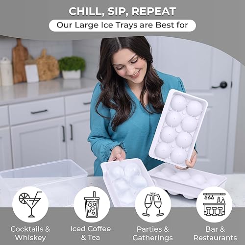 Miniatura 7 de Paquete de 2 bandejas de cubitos de hielo esféricos grandes (2.5 pulgadas) (lengüeta + caja) (8 cavidades), bandejas redondas para cubitos de hielo