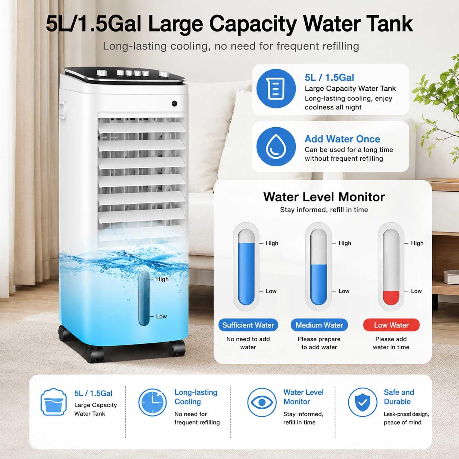 Climatizador Evaporativo, Aparatos Aire Acondicionado Portatil de 220 CFM con Flujo de Aire de Gran Angular de 120°, Depósito de Agua de 5 L, 3 Modos y Velocidades de Viento