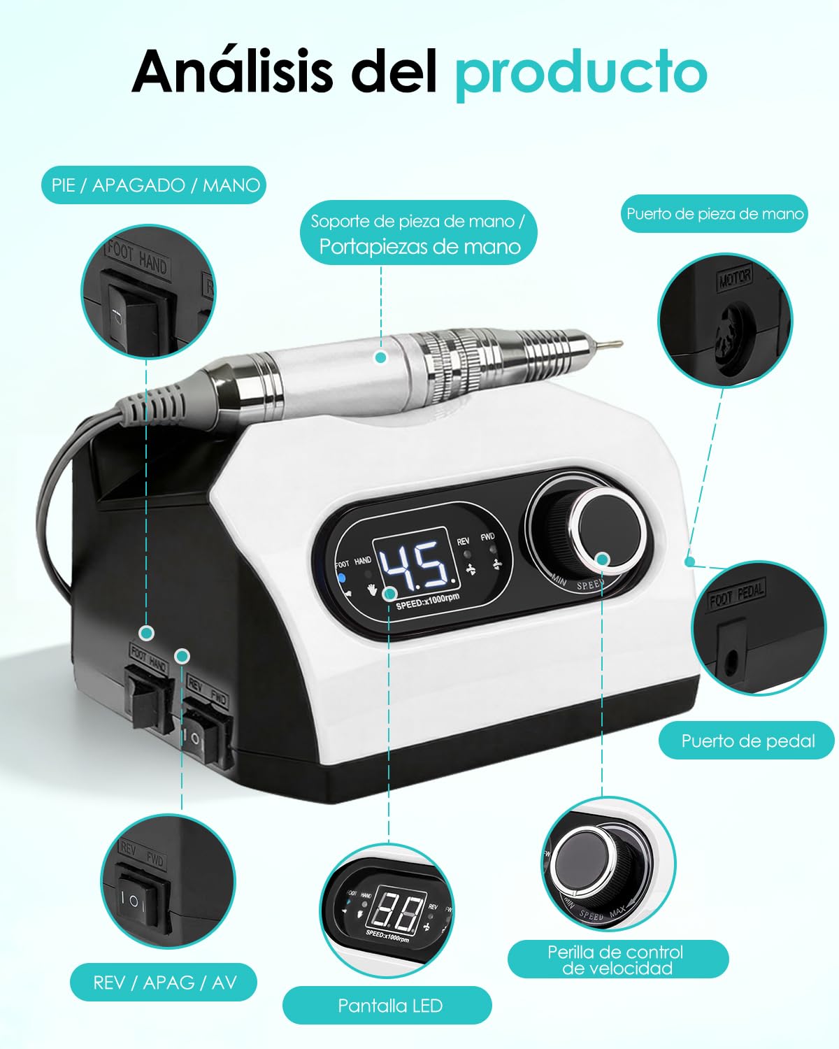 CozyZen Lima Eléctrica de Uñas Profesional 35000 RPM con Pedal | Máquina de Lijado de Uñas Enchufable con Pantalla LED, Control de Velocidad, 6 Fresas para Acrílico, Gel, Hogar y Salón
