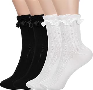 CIATBYYJ 4 Pair Womens Crew Socks Lace Ruffle, White Crew Cu