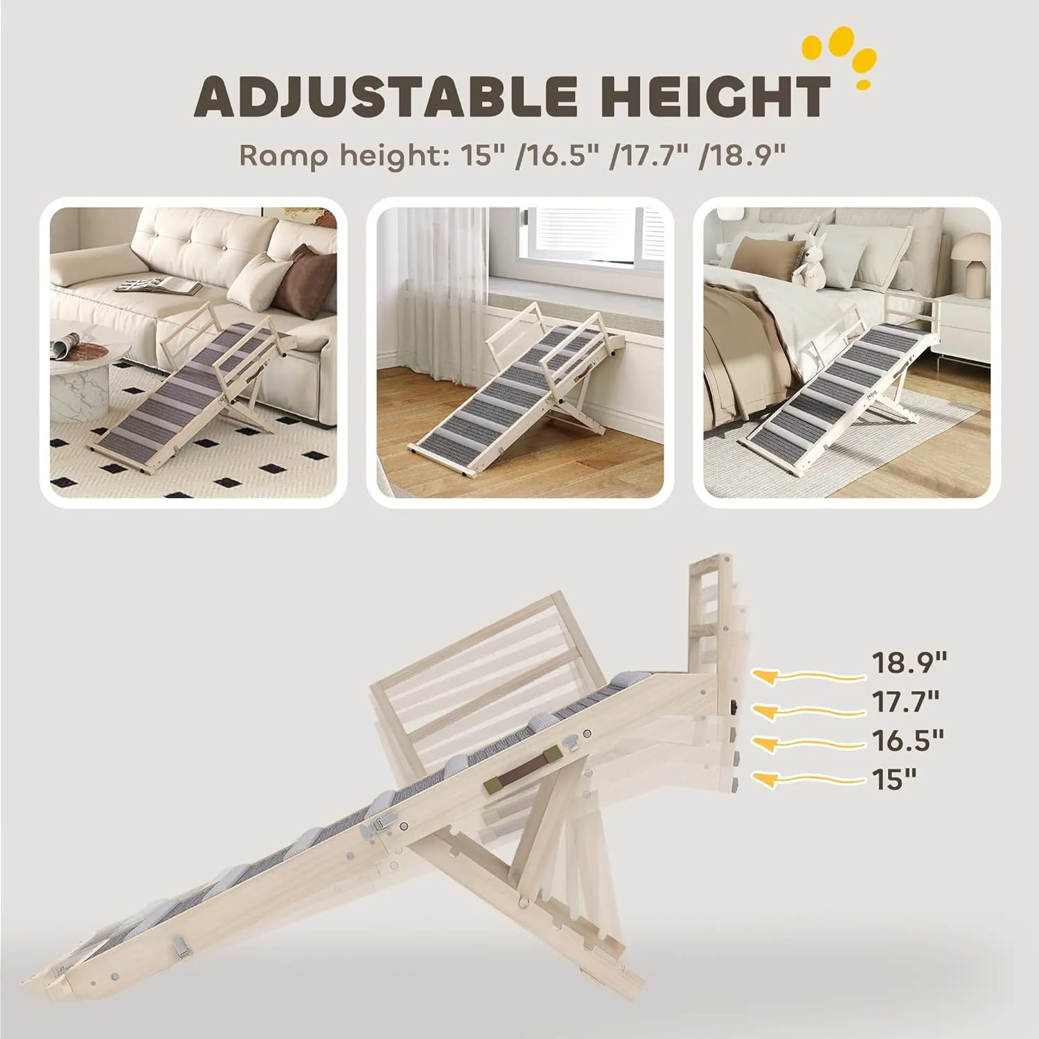 Sturdy Pet Ramp for Dogs and Cats – Non-Slip Carpeted Surface, Adjustable Height, Foldable Design for Beds and Sofas