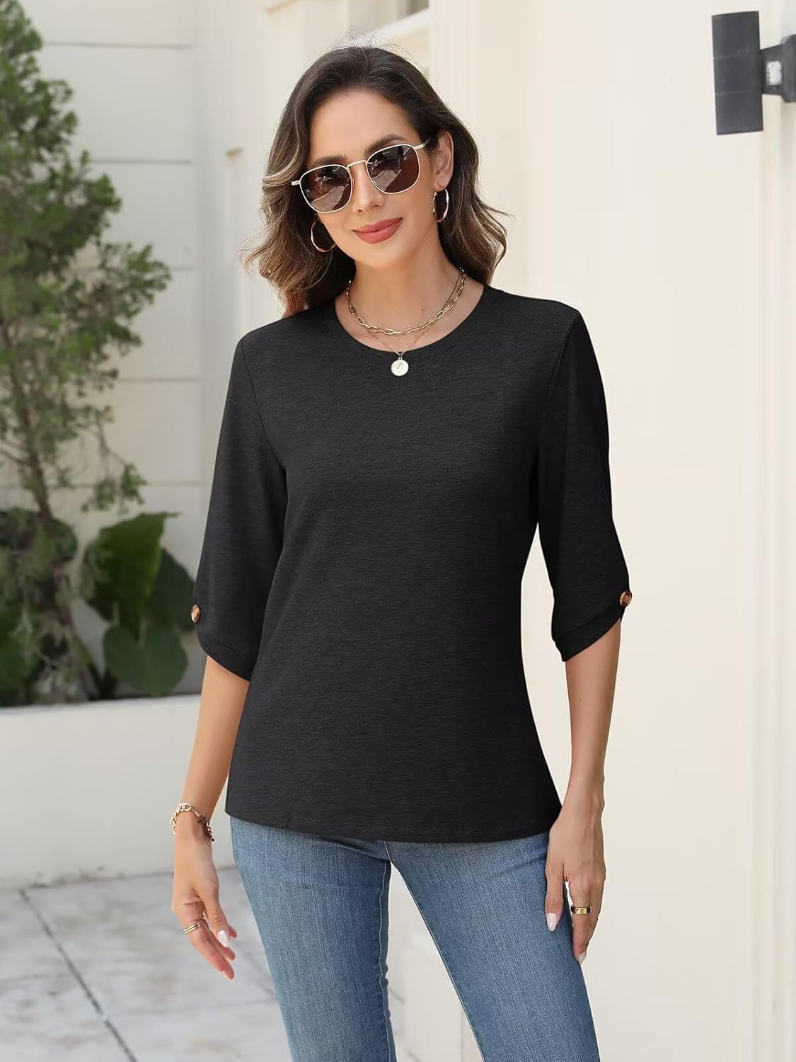 EADINVE Womens Tops 3/4 Length Sleeve Crew Neck Casual Trendy Button Tunic Tops Basic Shirts Loose Fit Blouse - Image 5