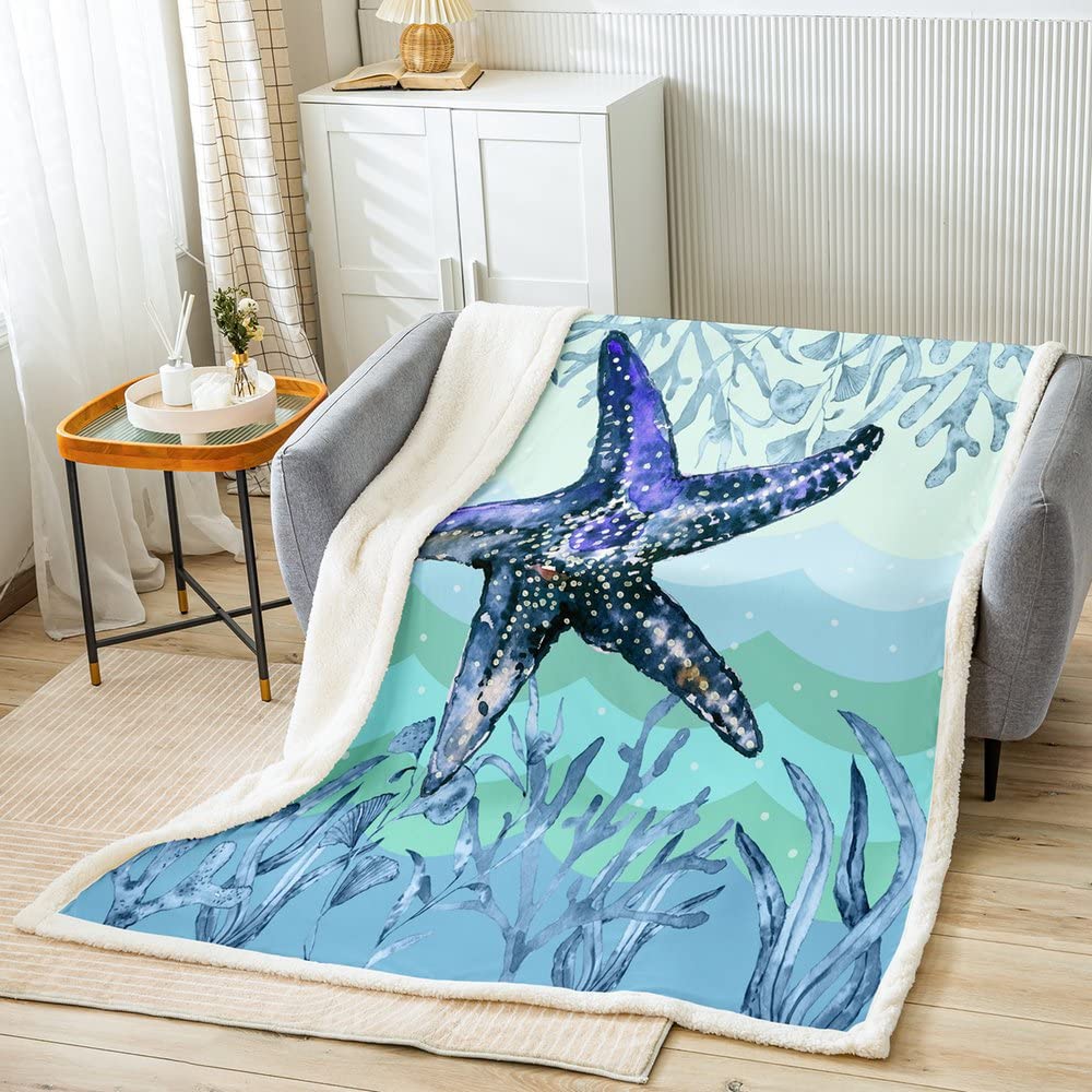 Loussiesd Beach Starfish Fleece Throw Blanket Ocean Marine Plush Blanket for Bed Sofa Sea Creatures Sherpa Blanket Breathable Hawaiian Sealife Warm Fuzzy Blanket Sea Animal Double 60x79 Inch