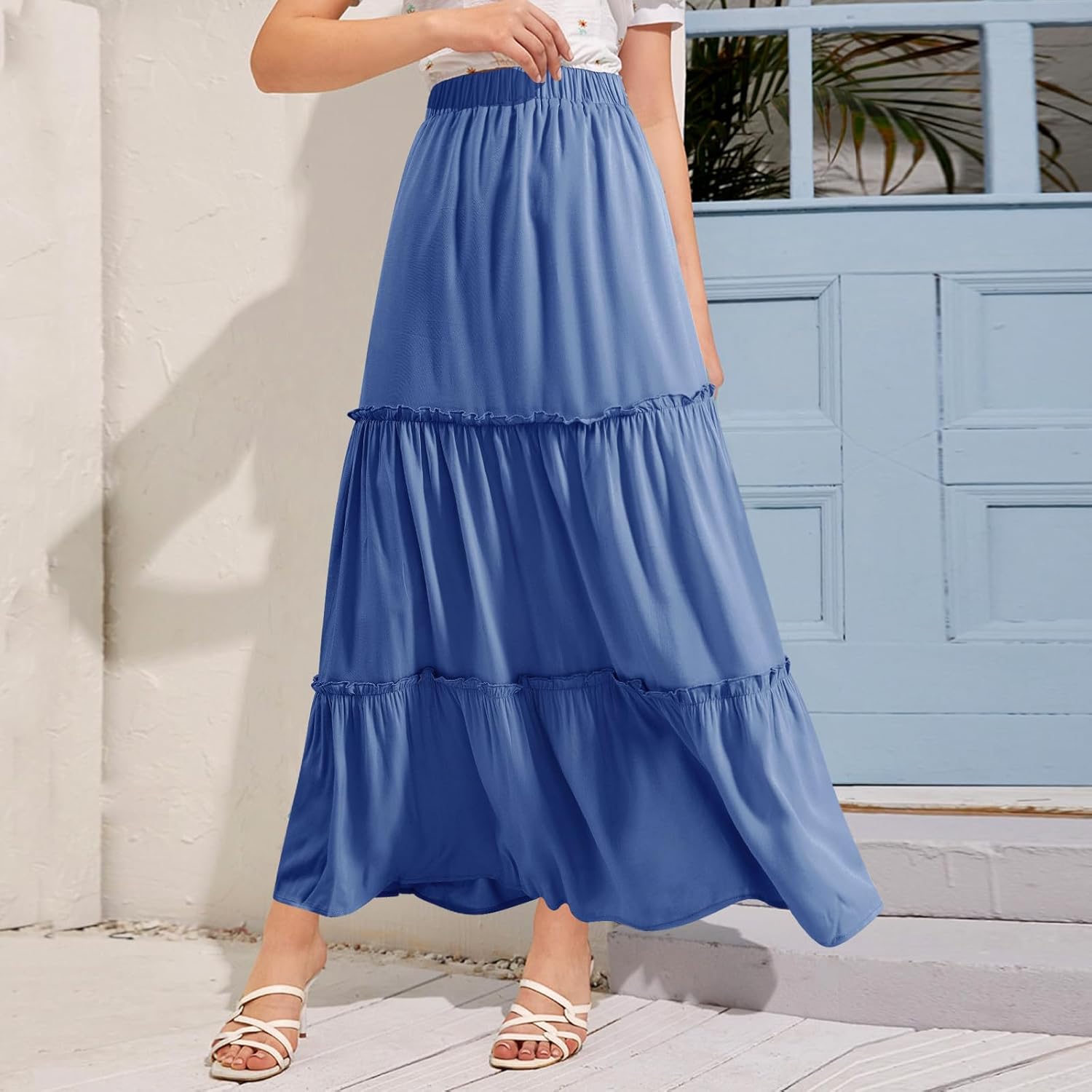 BOMAROLAN Women's Maxi Skirts Summer Elastic High Waist Boho Flowy Skirt A Line Long Skirts Ruffle Swing Beach Skirts - Image 3