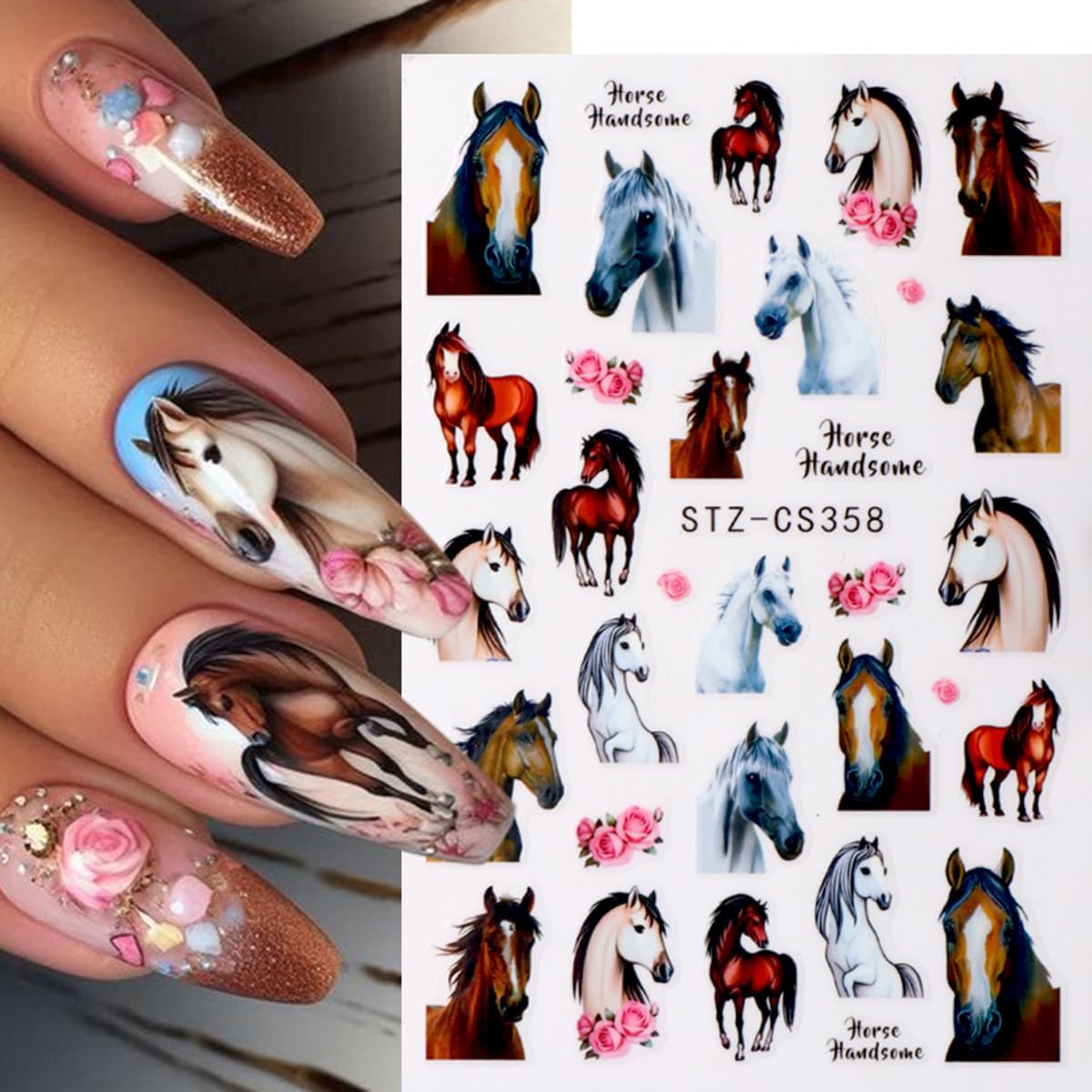 Horse Nail Art Stickers Decals Year of The Horse Nail Decals 6PCS 3D Self-Adhesive Animal Rose Cartoon Chinese Zodiac Design Manicure Sticker Nail Art Supplies for Women DIY Manicure Nail Decorations