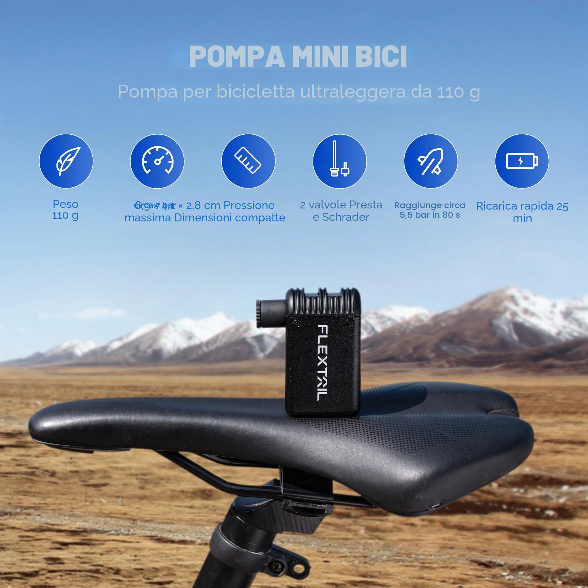 FLEXTAILGEAR TINY BIKE PUMP, Pompa Bici Portatile, Pompa Bicicletta Elettrica, 100 PSI in Soli 80 Secondi, Ultra Mini con Valvole Shrader e Presta per Ciclismo MTB Strada Mountain Bike