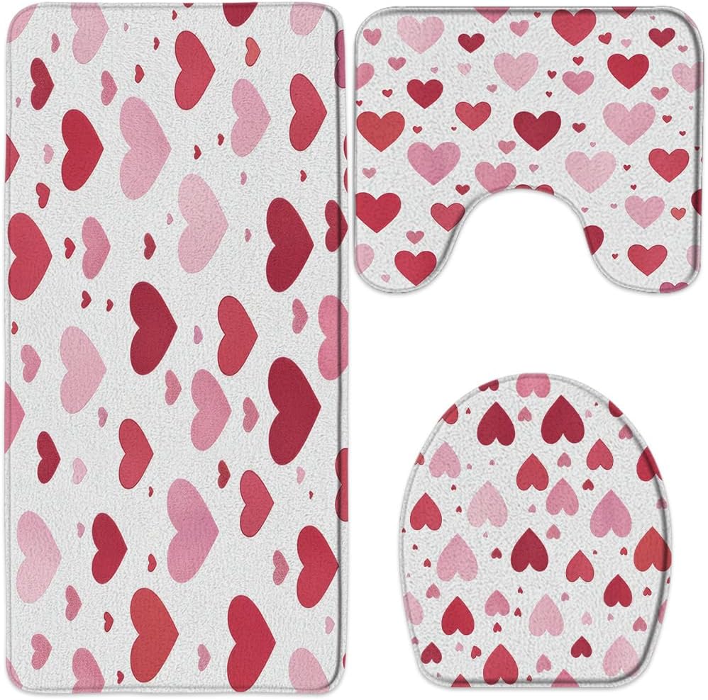 3pcs Romantic Love Hearts Bath Mat Sets Valentine Red Pink Heart on White Background Sweet Couple Romantic Woman 16"x 48" Bathroom Rug Toilet Seat Cover U-Shaped Floor Carpets
