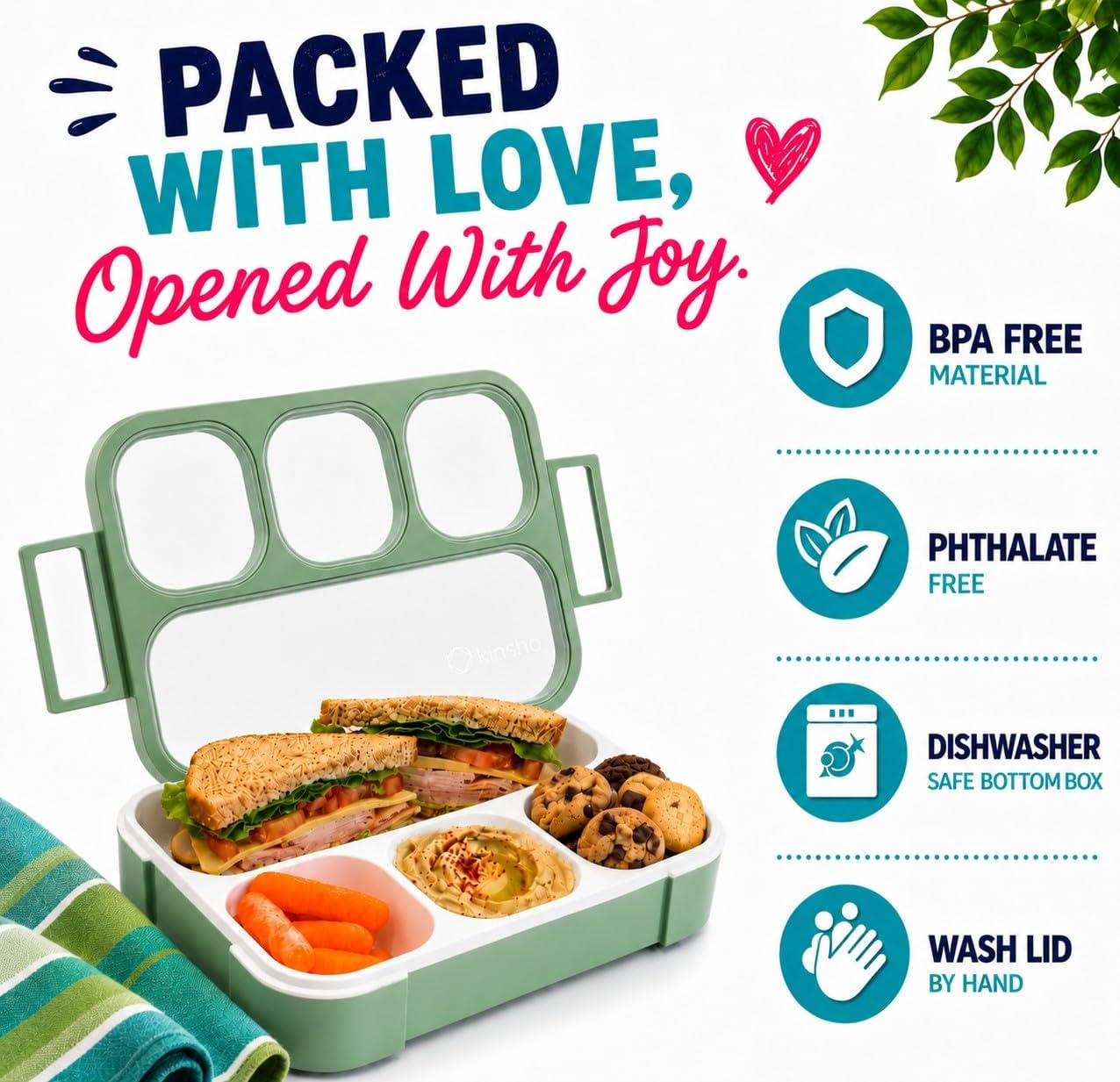 kinsho Bento Lunch Box And Snack Container Set For Kids And Adults - Large 4 & Small 3 Divided Food Compartments - Portion Control Meal Prep - Reusable for School Work Travel - 2 Pack Green Blue Set image 5