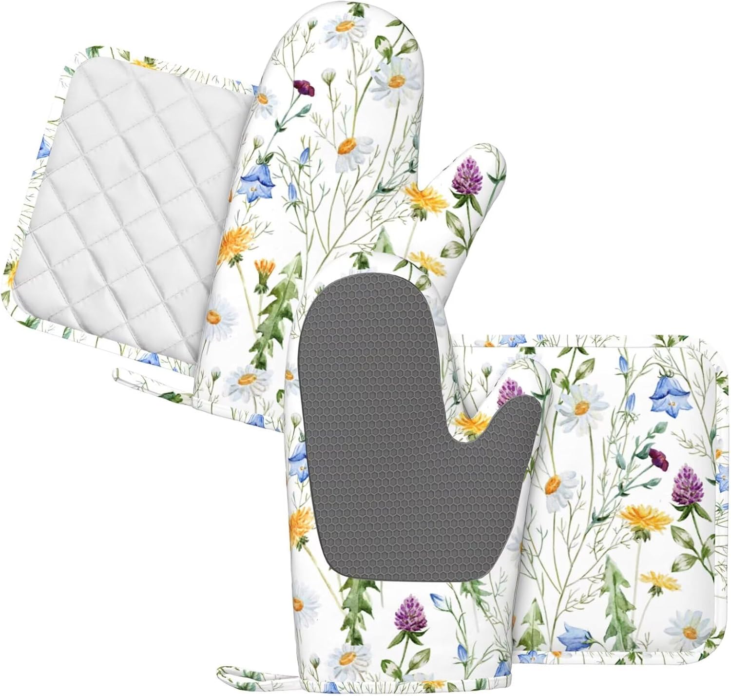 Watercolor Wildflowers Oven Mitts Pot Holders Set Silicone Watercolor Wildflowers Kitchen Gloves Potholders Non-Slip Heat Resistant for Chef Baking Cooking Grilling BBQ 4 pcs Kitchen Mitts