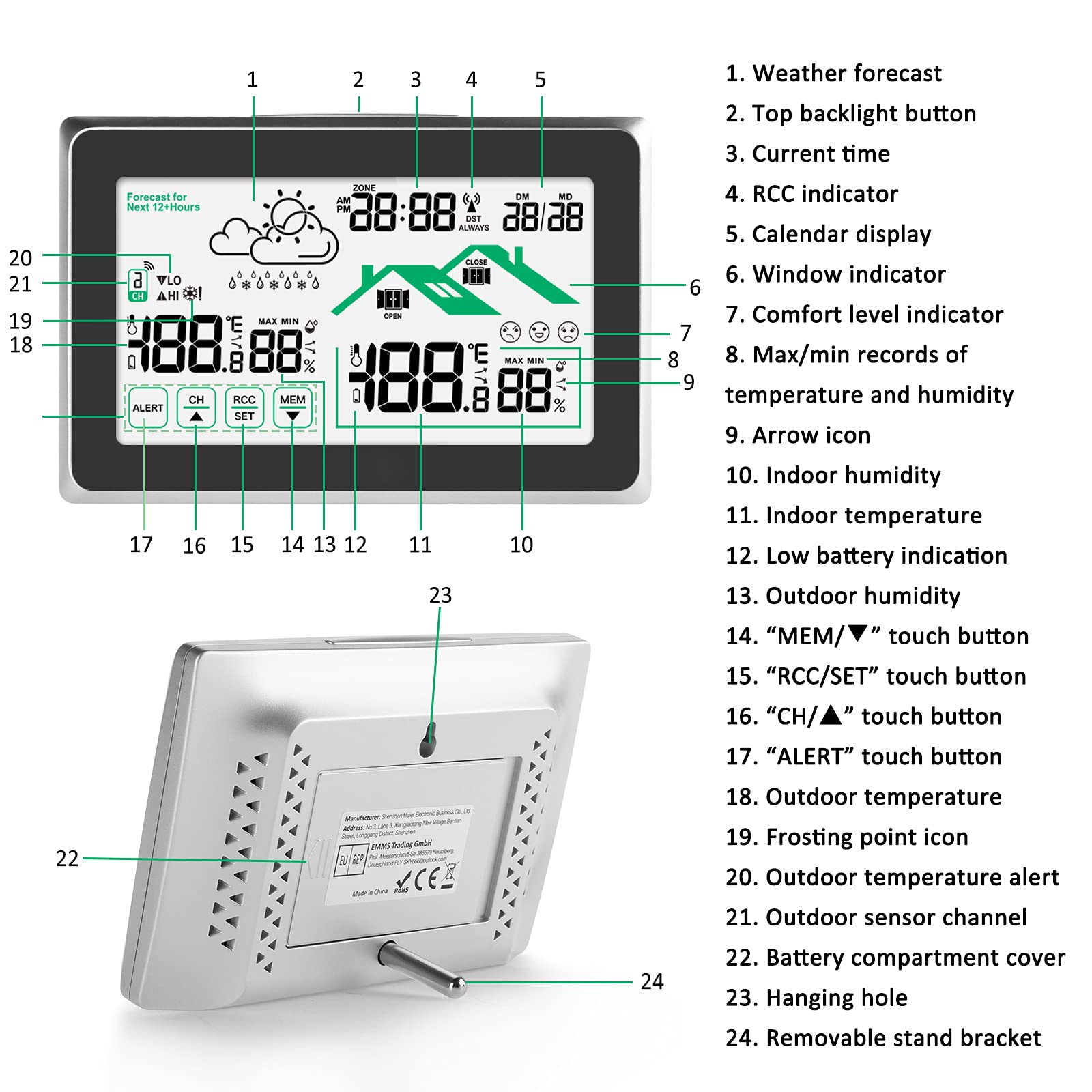 Stazione Meteo con Sensore Esterno, Termometro Digitale Igrometro per Interni ed Esterni, Schermo LCD con Retroilluminazione 12/24 ore Previsioni Meteo Automatiche per Ufficio Casa Camera da Letto