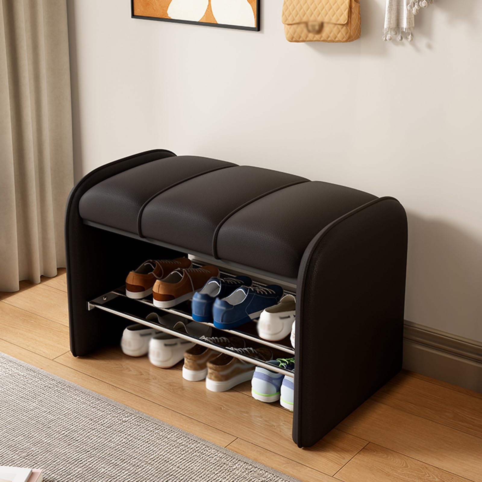 GHFXSCV Multifunctional Upholstered Storage Bench - Entryway Footrest, Black Shoe Cabinet with Soft Cushion, Sturdy Indoor nizer (60x37x45cm / 23.6x14.6x17.7in)
