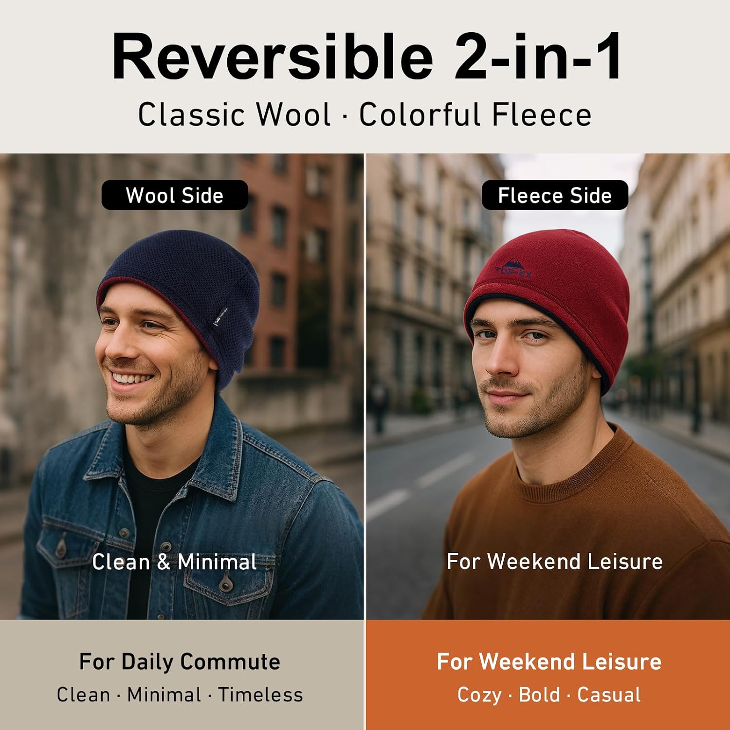 TOP-EX PolarWool™ Wool Beanie Hat for Men Women Fleece Lined Skull Cap Winter Knit Hat Watch Caps Reversible & Windproof image 2