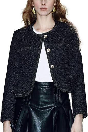 URBAN REVIVO Womens Casual Business Cropped Tweed Blazers Jacket with Pocket Slim Fit Long Sleeve Short Suit for Work Office